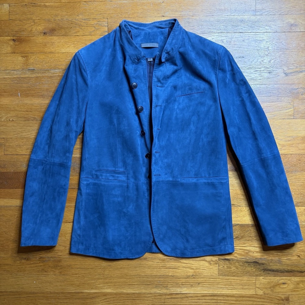 John Varvatos Blue Woodward Multibutton Blazer Jacket 50 Suede Goat Leather NWT